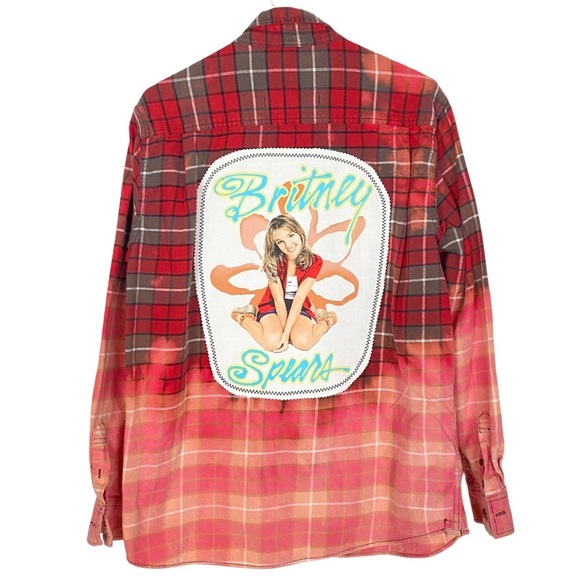 Hand Crafted Tops - Britney Spears Shirt Flannel Womens Size Large Upcycled Handmade Bleached Plaid